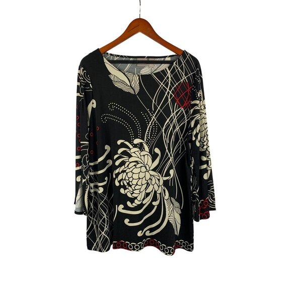 Chicos Black Long Sleeve Floral Tunic Top Size 2 Polyester Spandex Blend - Picture 1 of 6